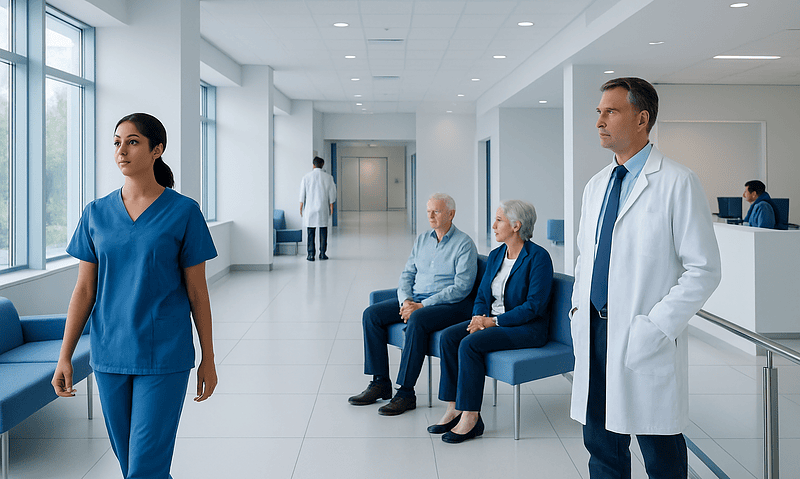 Medical staff and patients in a modern hospital corridor.