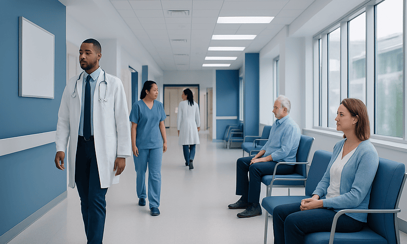 Healthcare professionals and patients in a hospital corridor at Acibadem Hospitals Group.