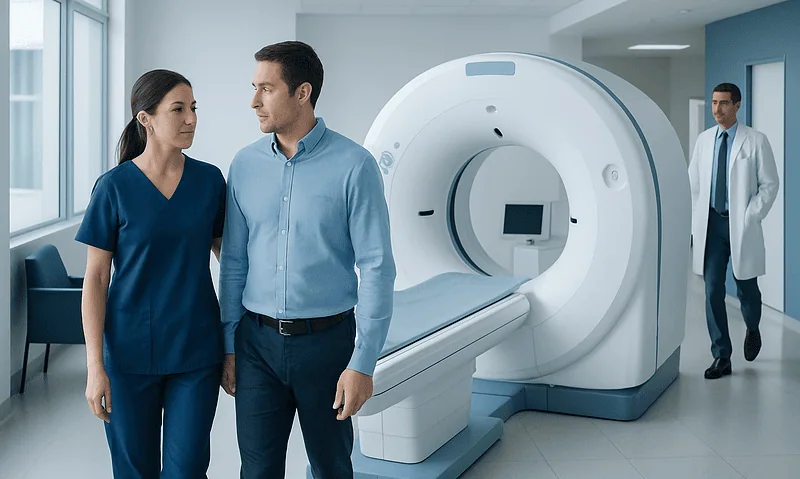 Medical professionals preparing for a CT scan in a hospital setting.