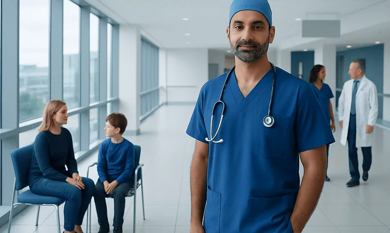 Healthcare professional in a hospital corridor with patients and staff.