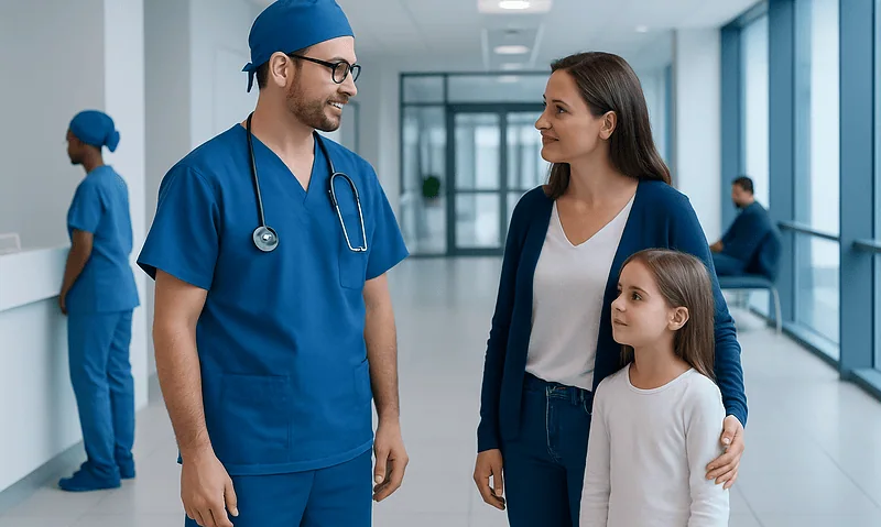 Pediatric lung transplant surgeon consulting with a young patient and her mother in hospital.