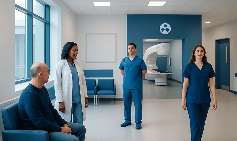 Medical team preparing for radiation therapy consultation at Acibadem Hospital.