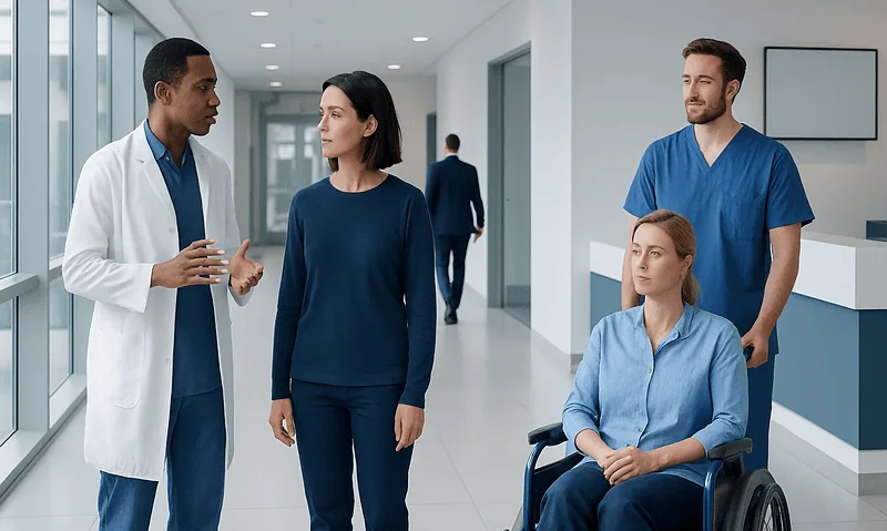 Medical team discussing patient care in hospital corridor.