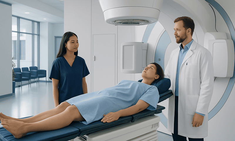 Radiation Therapy for Ovarian Cancer: How It Works, Results and What to Expect 13 Patient undergoing radiation therapy in a modern medical facility.