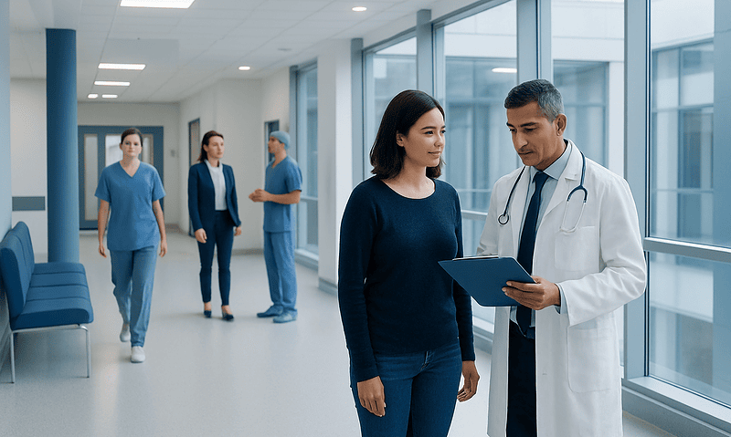 Doctor consulting with patient in hospital corridor with medical staff in background.