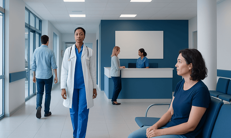 Healthcare professionals and patients in a modern hospital corridor.