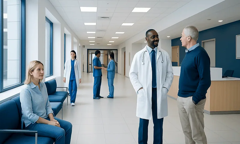 Doctors and patients in a modern hospital corridor at Acibadem Hospitals Group.