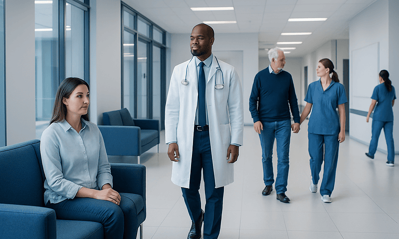 Medical staff and patients in a modern hospital corridor.