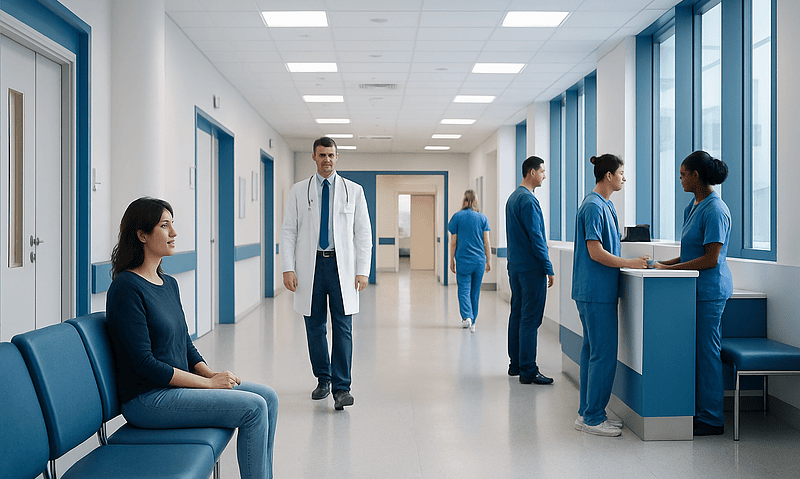 Hospital corridor with medical staff and patient in waiting area.