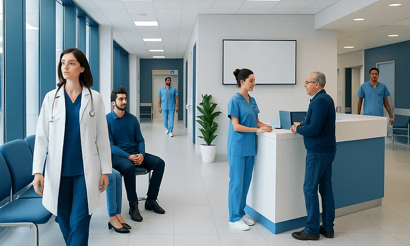 Modern hospital reception area with medical staff and patients.