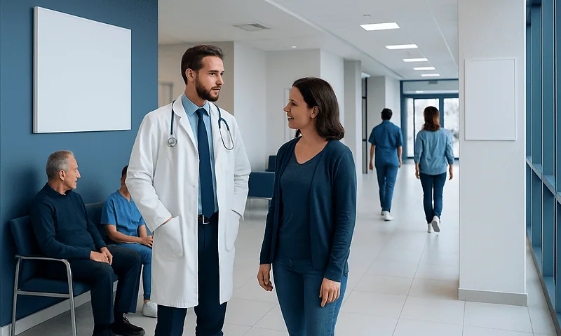 Doctor talking to a patient in a hospital corridor with other patients in the background.