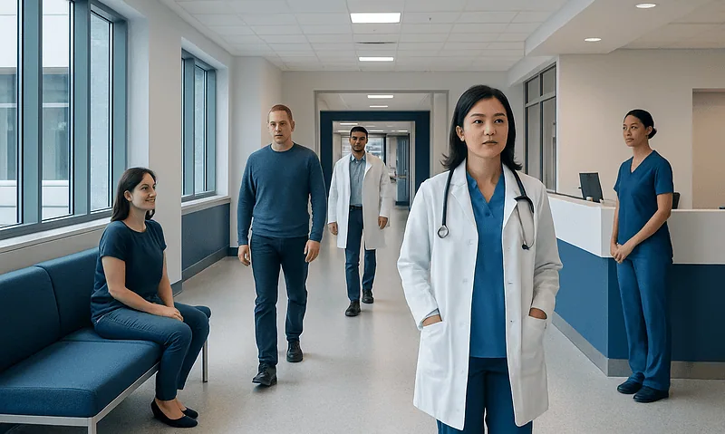 Medical team and patient in hospital corridor at Acibadem Hospitals Group.