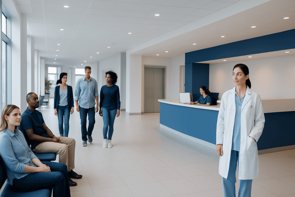 How Long Does It Take to Get Braces on? A Doctor-Reviewed Answer 1 Patients waiting in a modern hospital lobby with a healthcare professional nearby.