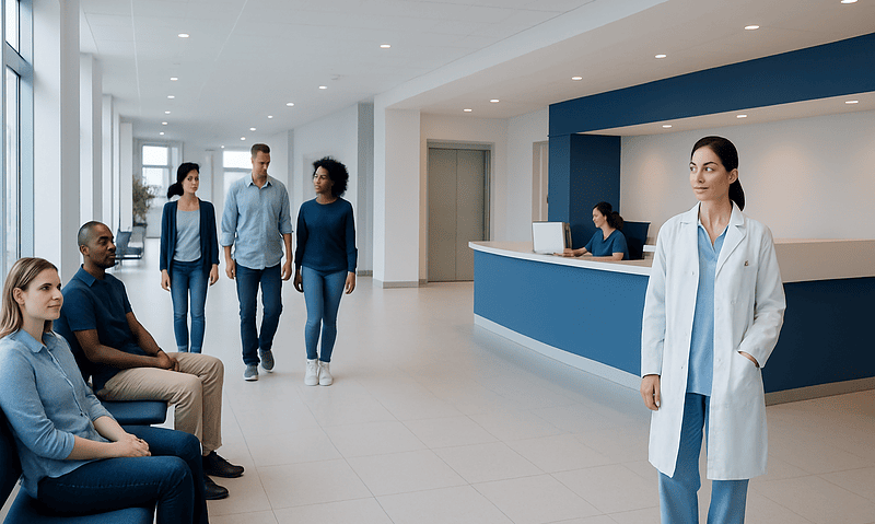 Patients waiting in a modern hospital lobby with a healthcare professional nearby.