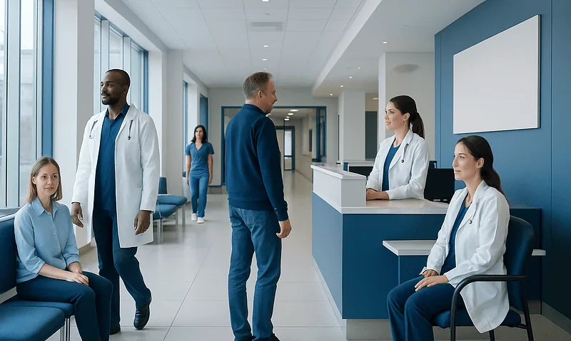 Hospital reception area with medical staff and patients at Acibadem Hospitals Group.