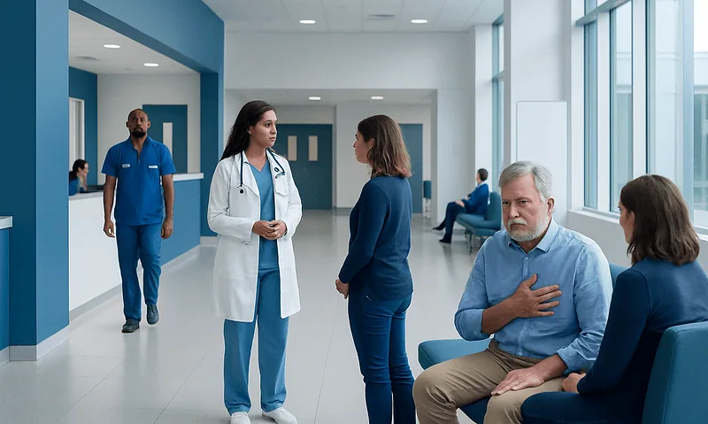 Patients and healthcare professionals in a hospital corridor at Acibadem Hospitals Group.