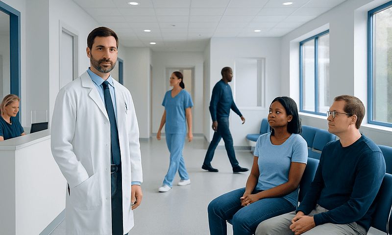 Doctor consulting with patients in a modern hospital corridor.