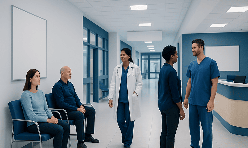 Medical consultation in a modern hospital corridor with healthcare professionals and patients.
