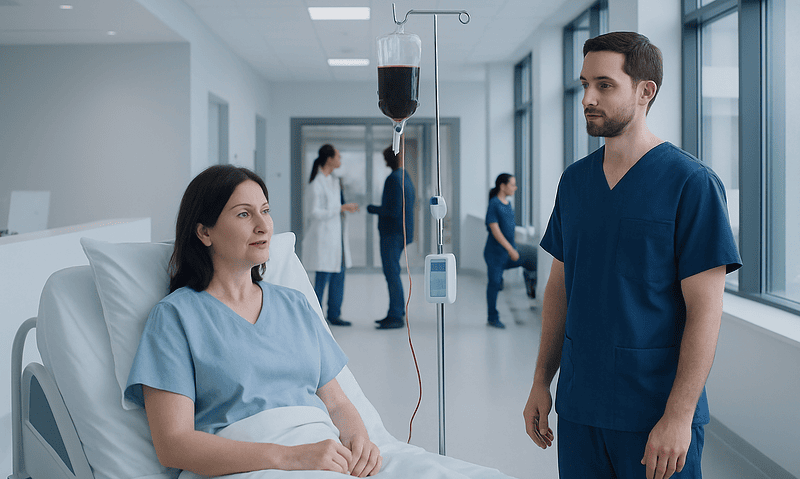 How Long Does a Blood Transfusion Take? A Doctor-Reviewed Answer 5 Patient receiving blood transfusion in hospital ward with medical staff nearby.