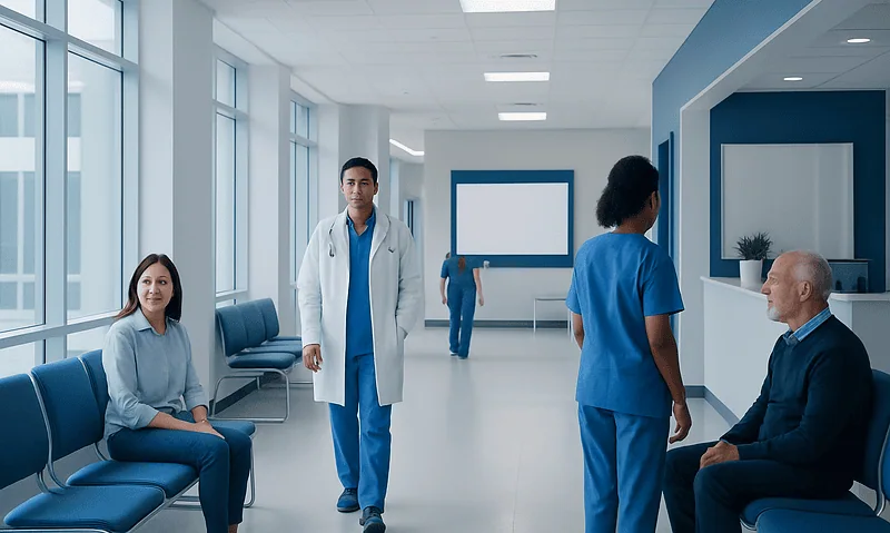 Healthcare professionals and patients in a modern hospital waiting area.