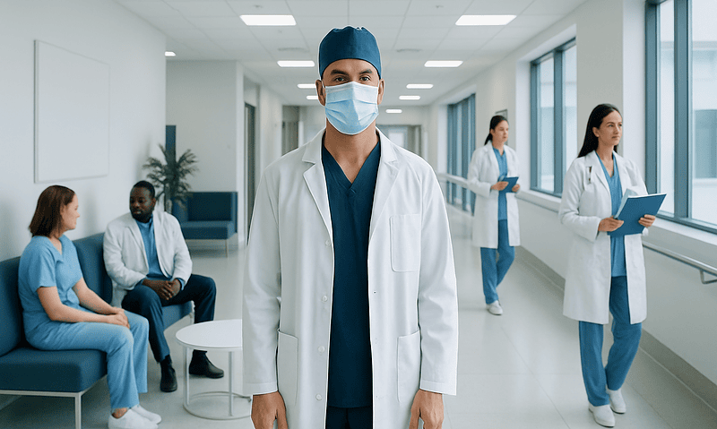 Surgeon in a hospital corridor wearing a mask and white coat.