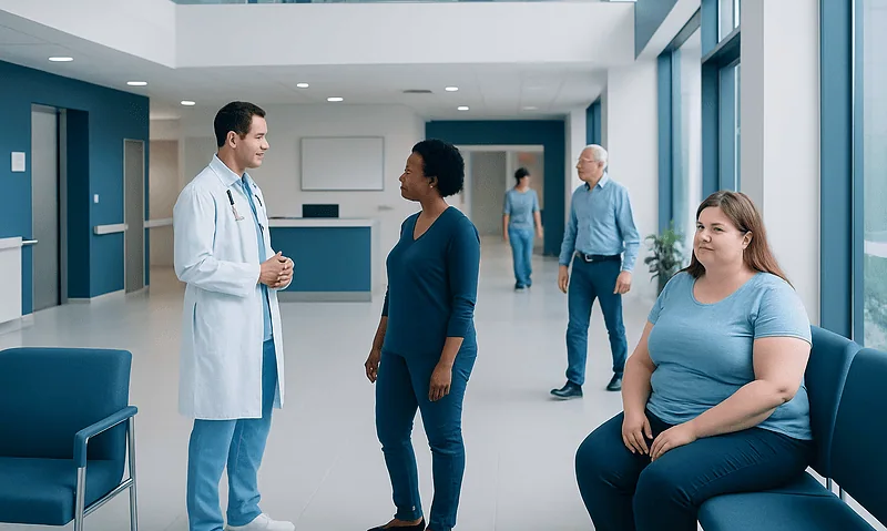 Doctor consulting with patient in hospital lobby with waiting area.