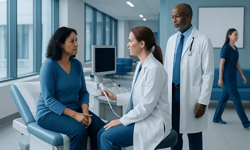 Doctor discussing health with patient in hospital clinic.