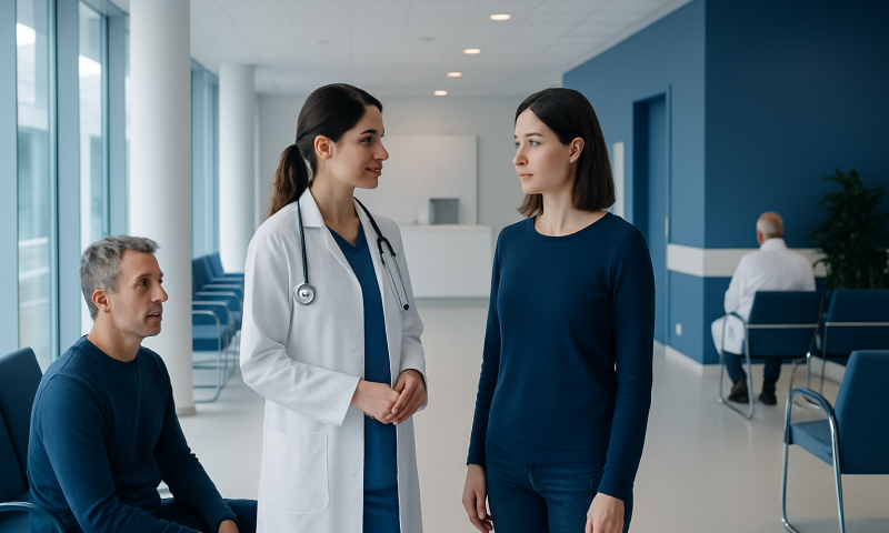Doctor consulting with two female patients in a hospital corridor.