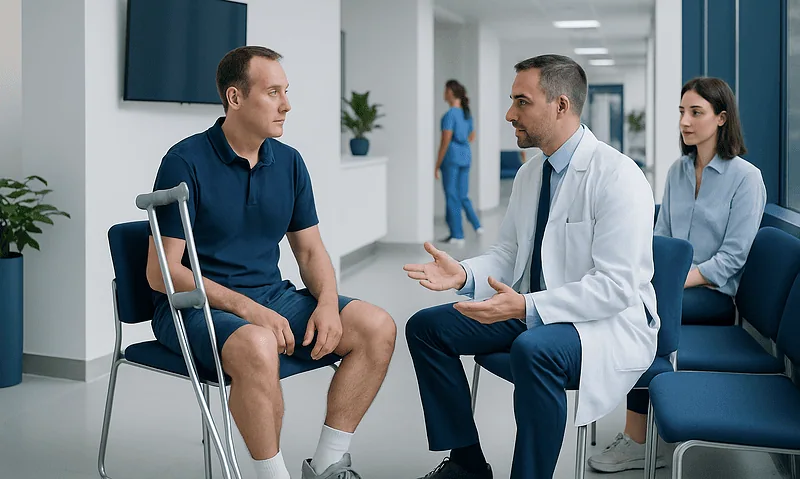 Doctor consulting with a male patient in a hospital corridor.