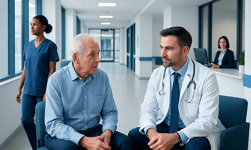 Doctor consulting elderly male patient in hospital corridor.
