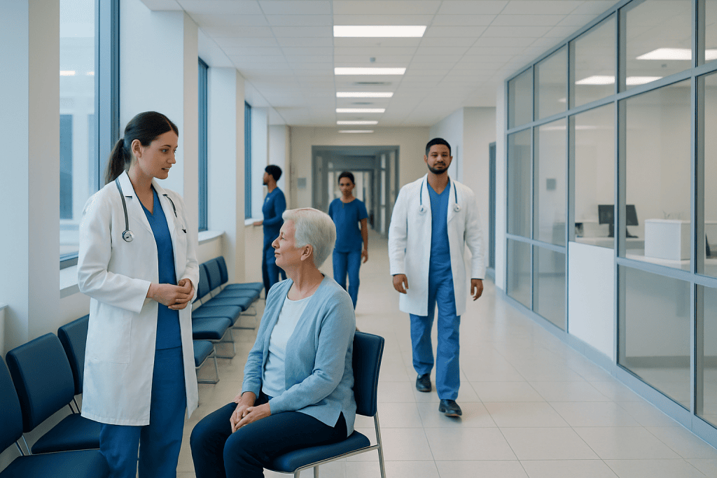 Treatment for a Urethral Caruncle: How It Works, Results and What to Expect 1 Medical team consulting with elderly patient in hospital corridor.