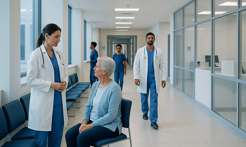 Medical team consulting with elderly patient in hospital corridor.