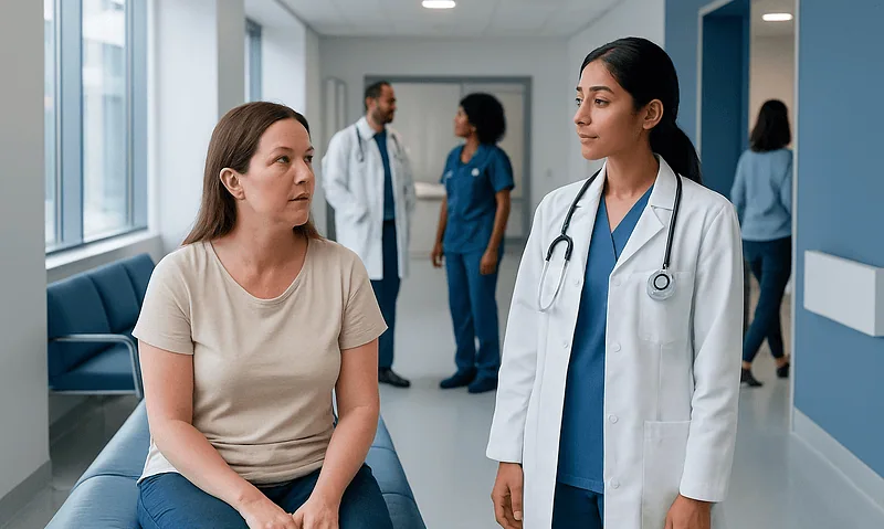 Doctor consulting patient in hospital corridor with medical staff in background.