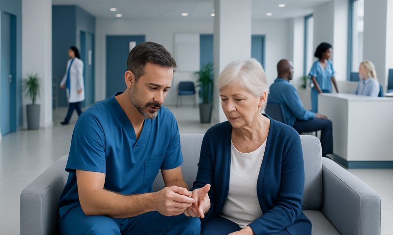 Doctor consulting with elderly woman in hospital waiting area.