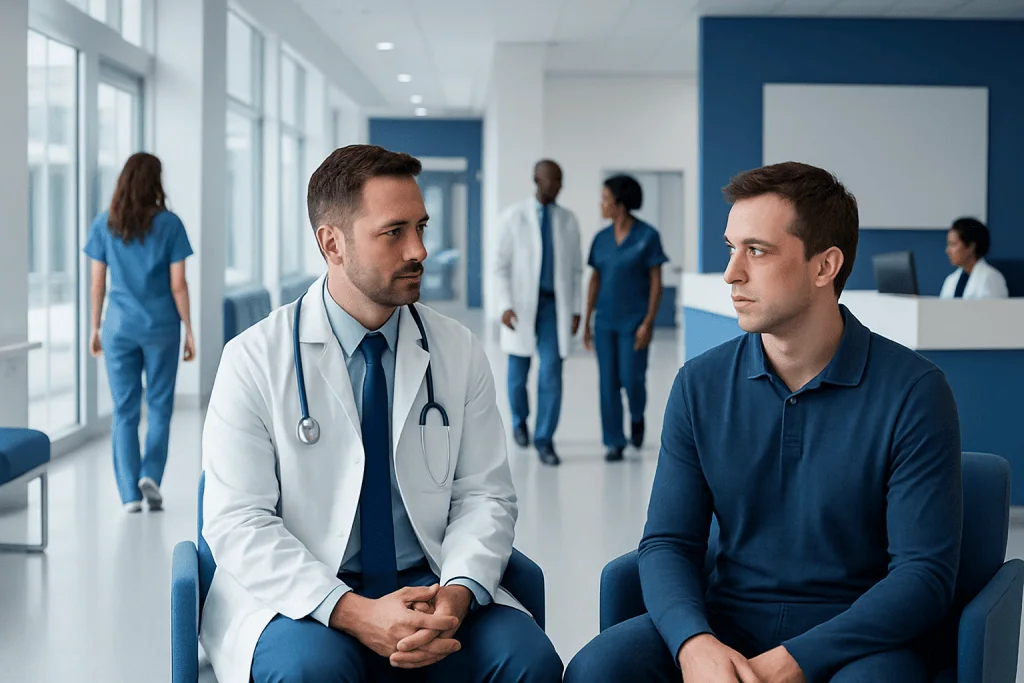 Treatment for Broken Eye Socket: How It Works, Results and What to Expect 1 Doctor consulting patient in hospital waiting area with medical staff in background.
