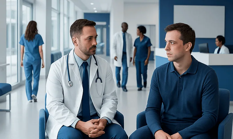 Doctor consulting patient in hospital waiting area with medical staff in background.