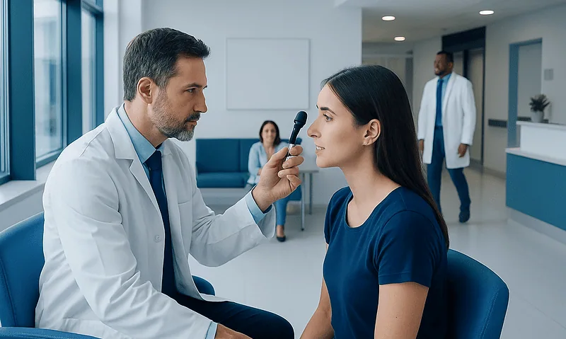 Ophthalmologist examining a patient's eyes with a specialized instrument.