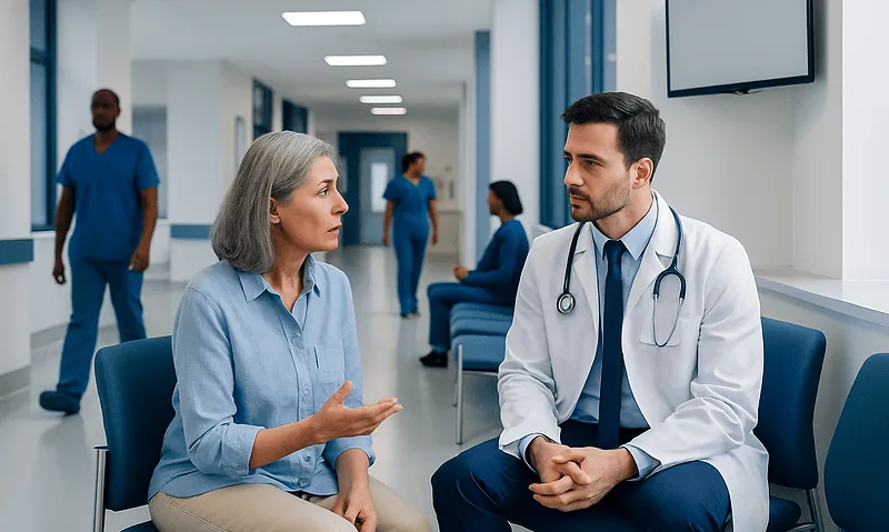 Doctor consulting with a patient in a hospital corridor.