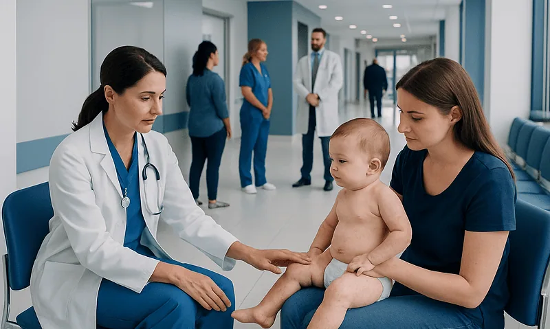 Pediatric consultation at Acibadem Hospital with doctor and mother.