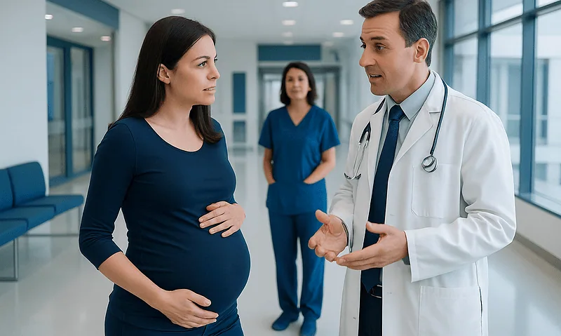 Pregnant woman consulting with a doctor in a hospital corridor.