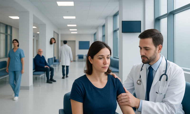 Doctor examining a patient in a modern hospital corridor.
