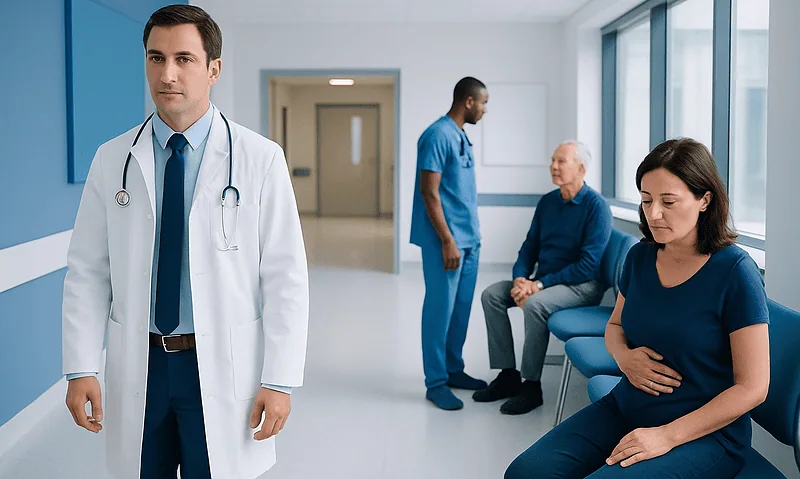 Doctor with patients in hospital corridor, woman holding stomach.