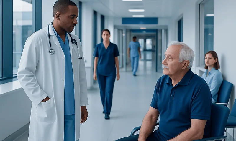 Doctor consulting with senior male patient in hospital corridor.