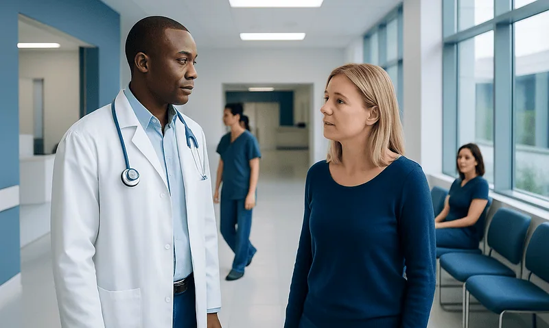 Doctor talking to a patient in a hospital corridor.
