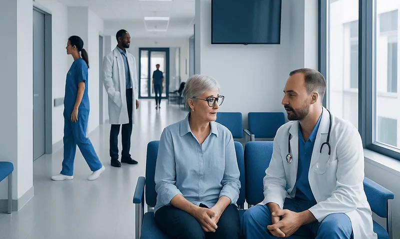 Doctor consulting with elderly patient in hospital corridor.