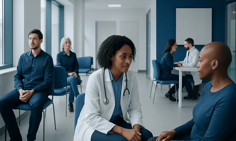 Doctor consulting a patient in a modern hospital waiting area.
