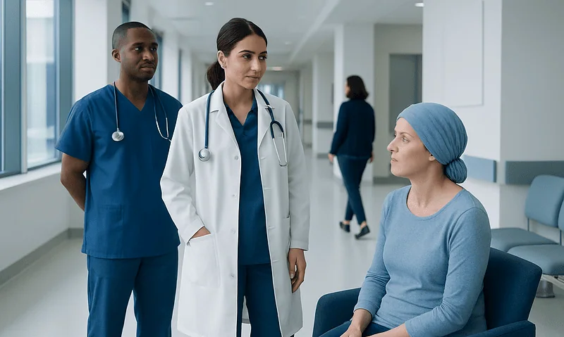 Medical team consulting a patient in a hospital corridor.
