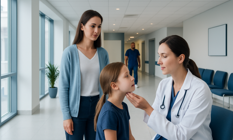 Pediatric ENT consultation at Acibadem Hospital with doctor and young patient.
