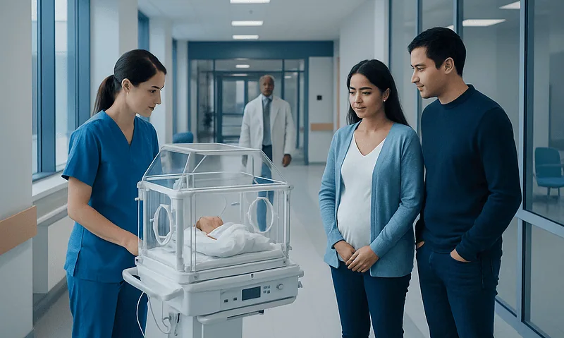 Newborn in incubator with parents and nurse in hospital corridor.