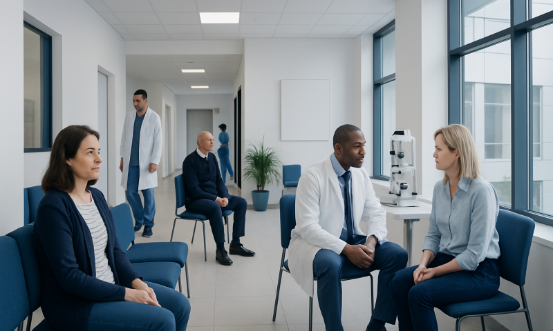 Patients waiting and consulting in a modern hospital clinic.